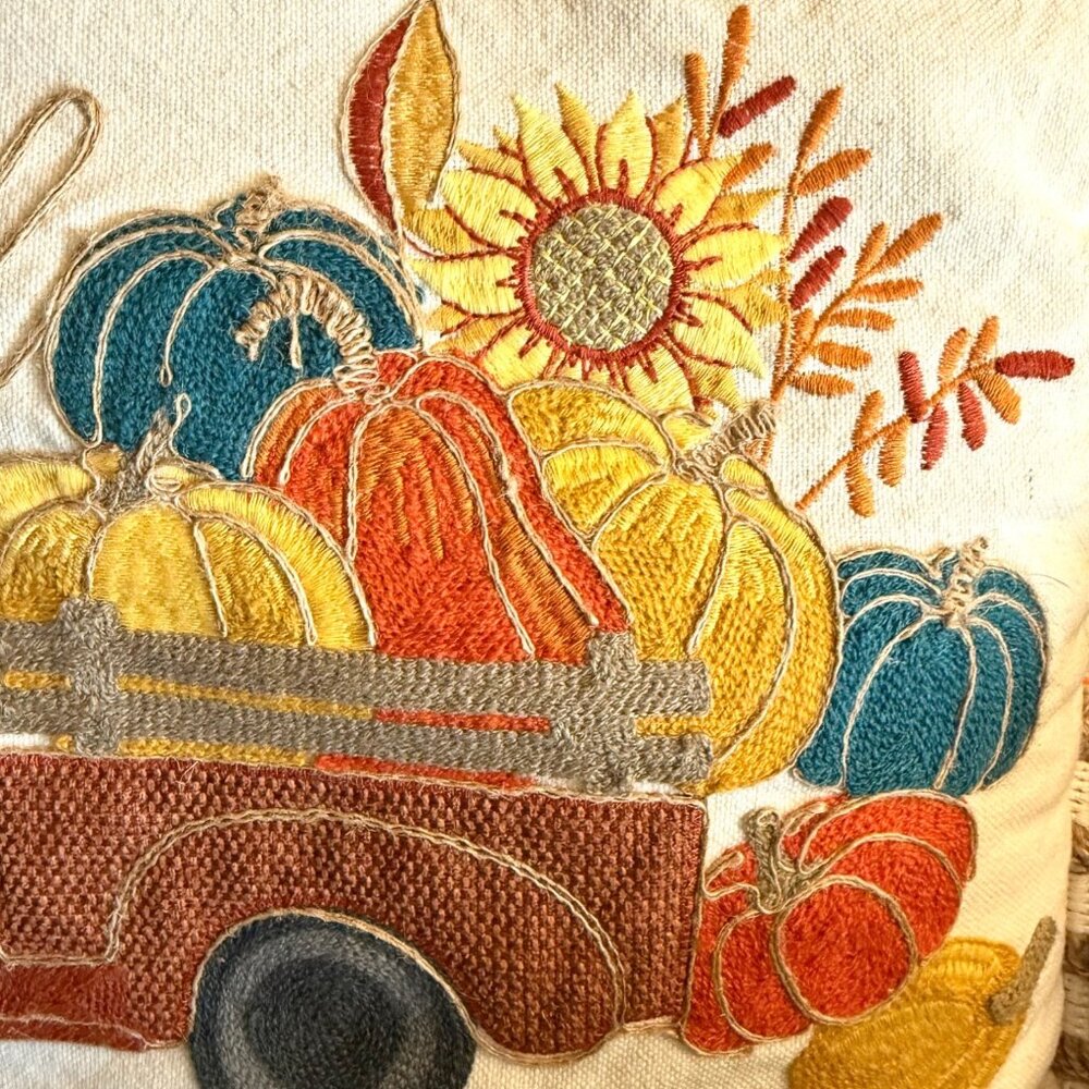 Grateful Fall Truck Pillow 20in x 15in Harvest Pumpkins Embroidered Autumn Decor - Picture 2 of 13